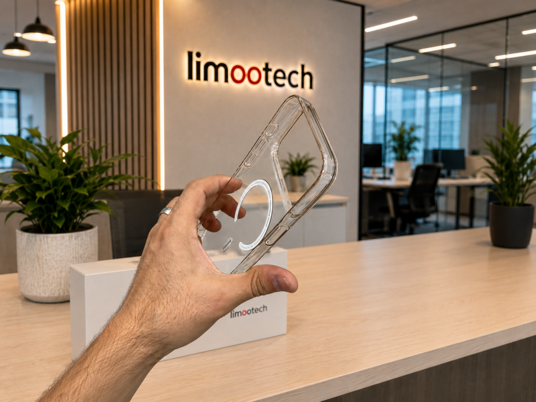 ALT: نمای کناری قاب شفاف مگ سیف گرین لاین مدل Delgado در دفتر Limootech