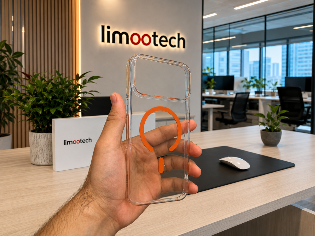 ALT: نمای کناری قاب شفاف مگ سیف گرین لاین مدل Delgado در دفتر Limootech