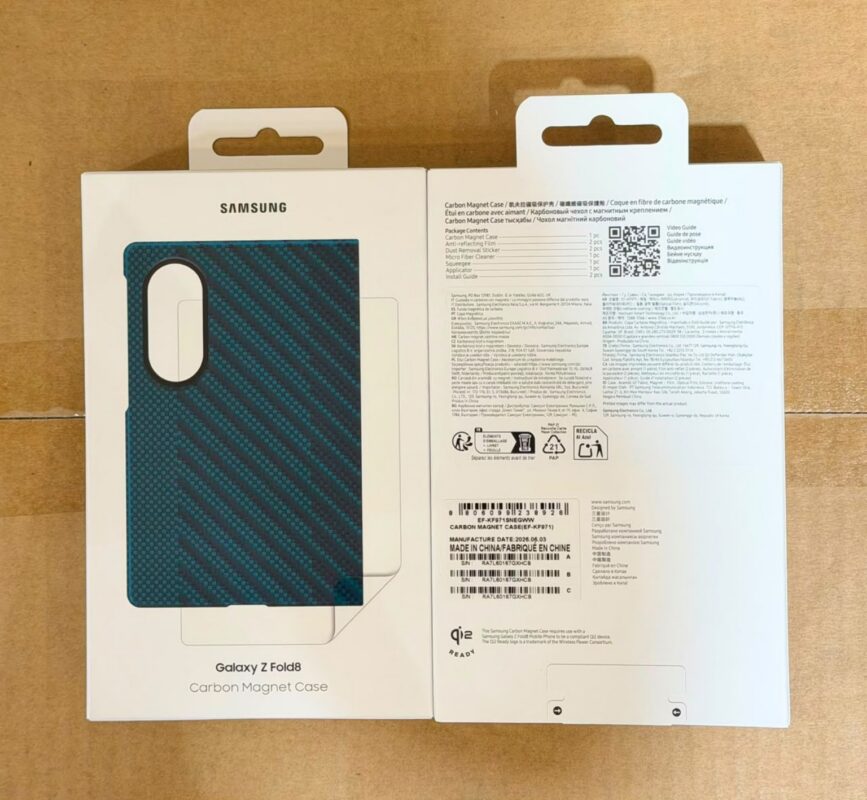 Alt: قاب کربنی مگنتی سامسونگ Galaxy Z Fold8 با پشتیبانی از Qi2، نمای جلو و پشت بستهبندی